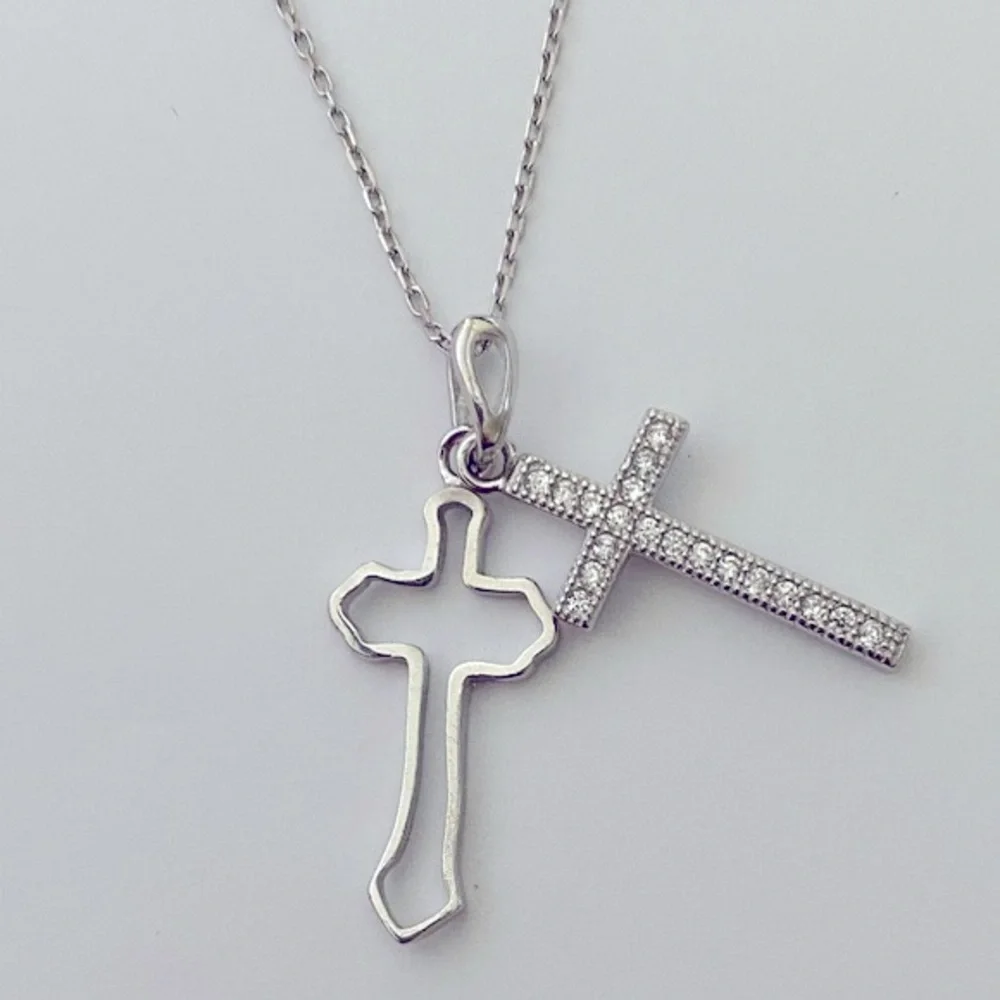 925 Silver double cross necklace cz stone